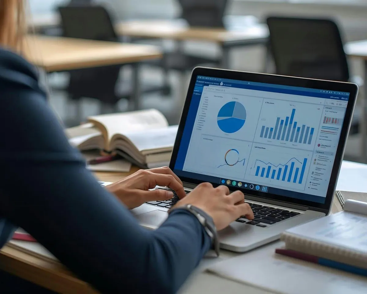 Raportare financiară afișată pe laptop într-un spațiu de lucru