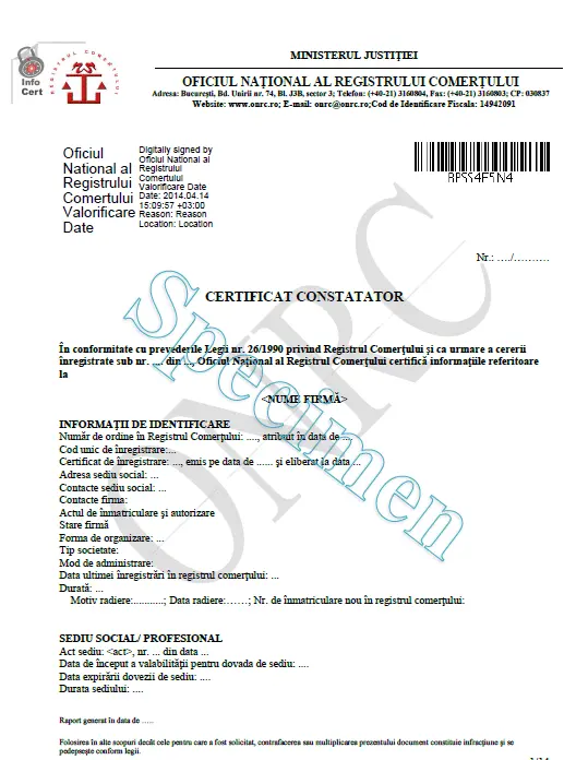 Model de certificat constatator eliberat de ONRC, document oficial cu semnătură electronică